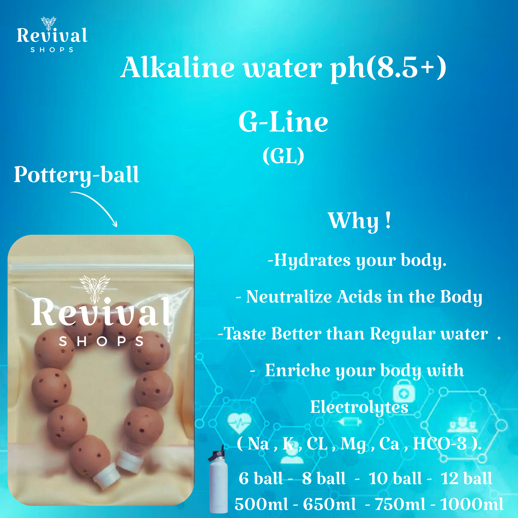 G-Line "GL" - Alkaline Water pH ( 8.5+) + Electrolytes for Water Bottle , 450 Refills / 3 Months,10ball/700/750/800ml.