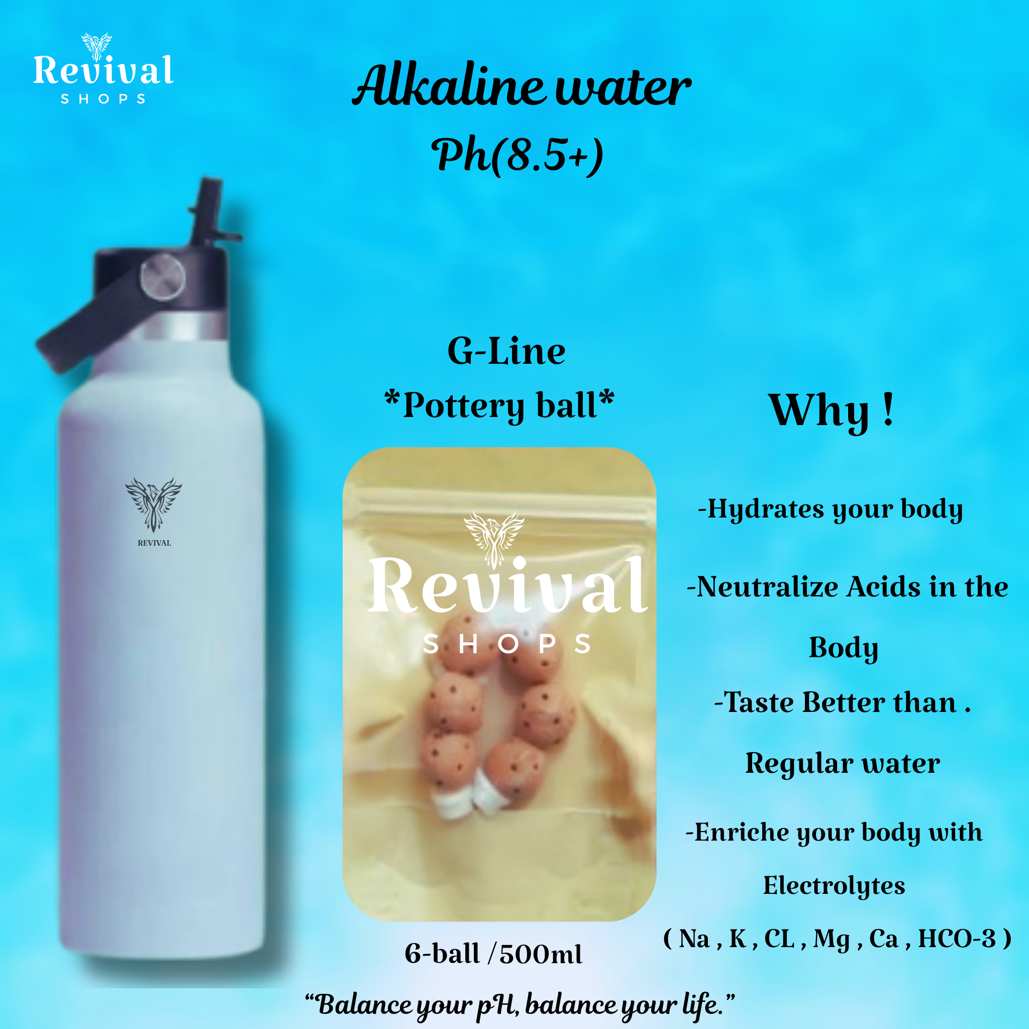 G-Line "GL" - Alkaline Water pH ( 8.5+) + Electrolytes for Water Bottle , 450 Refills / 3 Months,6ball/500/550ml.
