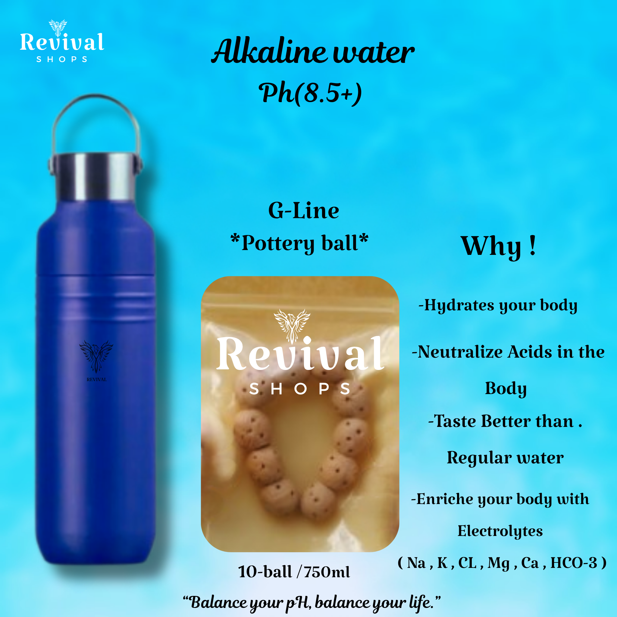 G-Line "GL" - Alkaline Water pH ( 8.5+) + Electrolytes for Water Bottle , 450 Refills / 3 Months,10ball/700/750/800ml.