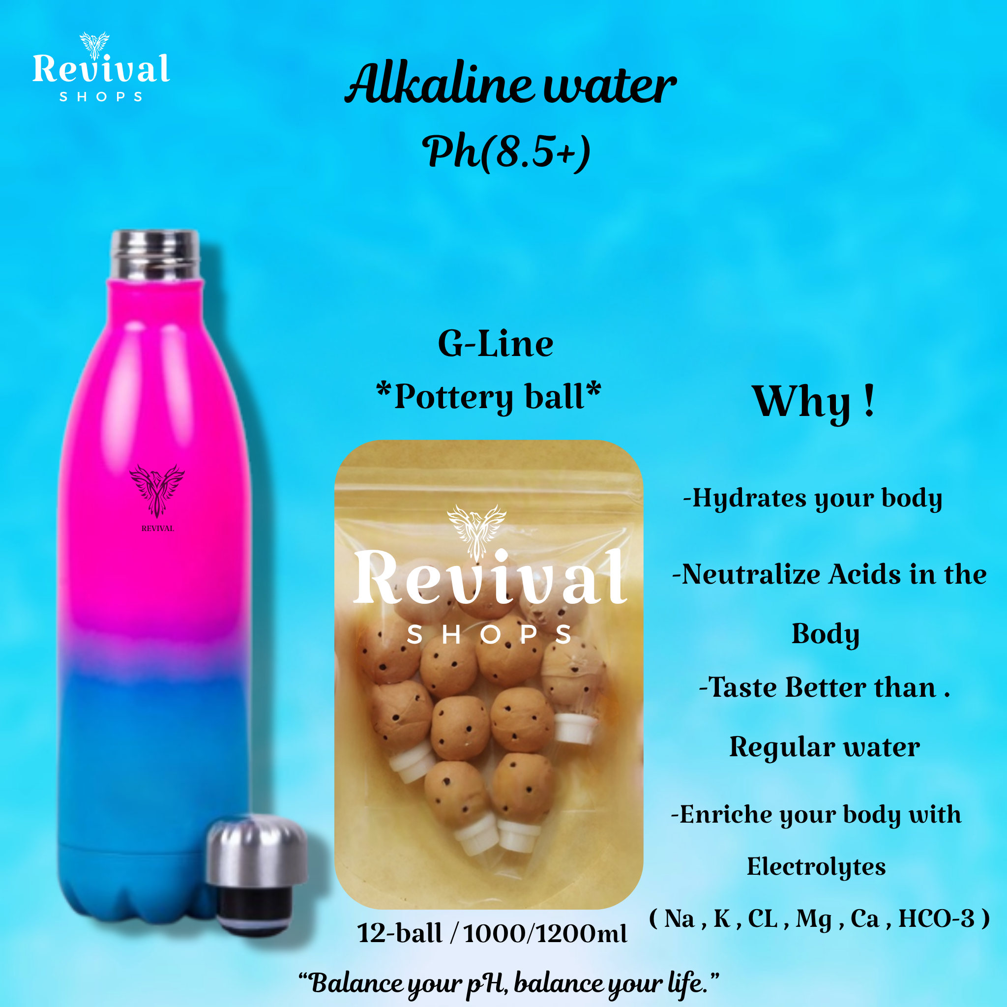 G-Line "GL" - Alkaline Water pH ( 8.5+) + Electrolytes for Water Bottle , 450 Refills / 3 Months,12ball/1000/1200ml.